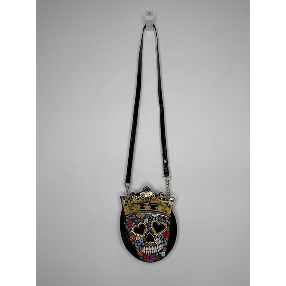 Betsey Johnson Floral Sugar Skull Crown gem black round Crossbody Bag - Picture 6 of 15